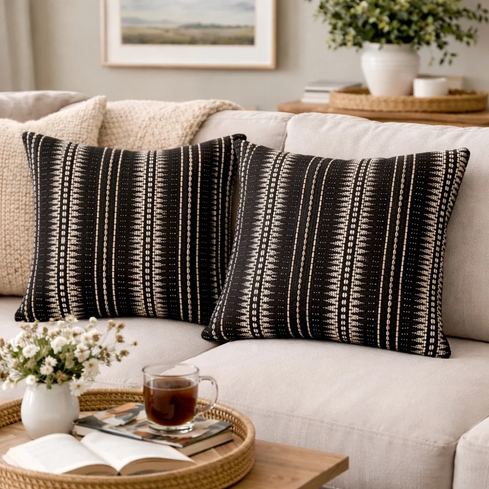 Ethan Allen Textured Silk Pillow Covers Set of 2 Black Ivory 20x20 Matte Woven